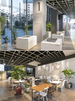 （上）ひろびろとした空間に模型モデルが並ぶ　（下）ラウンジではコンサルティングだけでなくセミナーも開かれる