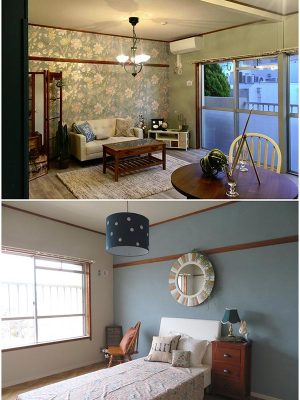 2DKを1LDKに改装してある。上がLDK、下が寝室