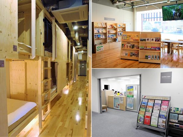 コンシェルジュフラノ内にあるホステル（左）と着地型観光のサービスカウンター（右上）、入居する富良野商工会議所（右下）