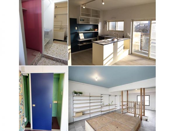 左上／手前が洗濯機置き場、中央は洗面所、奥が浴室。右上／L字型のシステムキッチン。後日、円谷さんからは「L字型キッチンはとても使い勝手がいい。奥さんが料理を作るのと、私が洗い物をする、これを同時に出来るという時短には最適な道具ということが分かりました」との話を伺った。左下／こちらはトイレ。写真のように左右のドアを少しずつ開けておいても中は見えない。右下／2階はワンルームに。壁と小上りを収納に活用している
