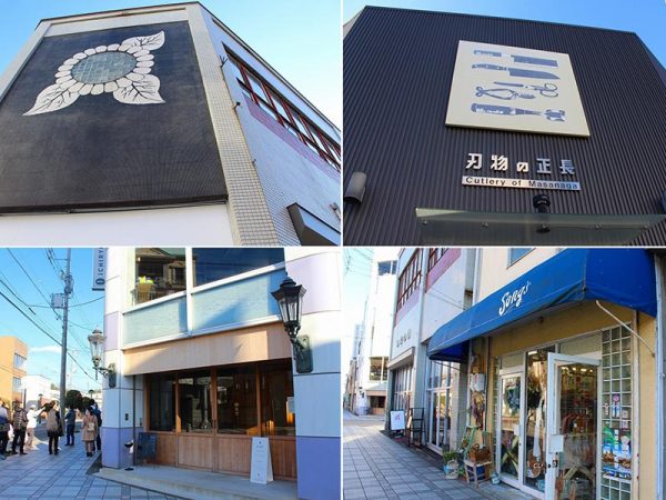 上／ブティック「ラ・ひまわり」の壁画は、2016あいちトリエンナーレ岡崎会場へ訪れたアーティストからも注目を集めた（左）、創業90年以上の老舗「刃物の正長」がクールな外観に。下／手焼きせんべいの一隆堂がにぎわい創出のため空きビルをリノベーション（左）、セレクトショップ「Songs」では「内藤ルネさんデザインのランプを展示している」と近藤さん。「KAWAII」文化のルーツと言われるマルチクリエイター・内藤ルネさんは岡崎市出身！