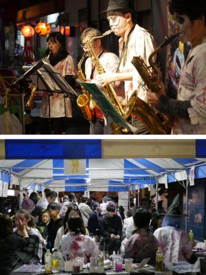 上：ゾンビナイトを盛り上げる生演奏では、プレイヤーも怖い恰好をしている／下：駅前では、フェイスペイントをするコーナーが設けられ、大勢の人が順番を待っていた