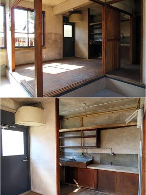 上は居室側からダイニングキッチンを見たところ。換気扇などは後から付けられたもの。キッチン脇のドアの外にかつては風呂が増築されていた。下はキッチンの様子