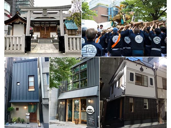 左上／トルナーレ日本橋浜町の前にある「濱町神社」　右上／２年に１度の神田祭（撮影：山﨑瑠惟）</br>下左／蕎麦屋「浜町かねこ」。神楽坂の名店で修業した店主が2015年に開業　下中／2016年にオープンした立ち呑みフレンチビストロ「富士屋本店　日本橋浜町」　下右／讃岐うどんの店「谷や　和」も2016年にオープン（下3点の写真提供：安田不動産）