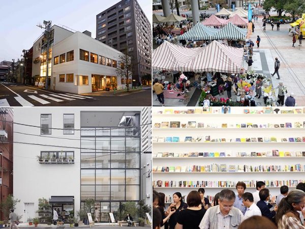 左上／2017年改修の「HAMA1961」。1階に「PAPIER TIGRE」がある　右上／「トルナーレ日本橋浜町」前広場で開かれる「浜町マルシェ」の様子　左下／「HAMA1961」と同時期に新築した「Hama House」。ここでは、交流会（右下写真、HAMACHO.JPより）や、浜町在住の落語家・三遊亭楽生さんによる“浜町寄席”が開かれる（右下以外写真提供：安田不動産）