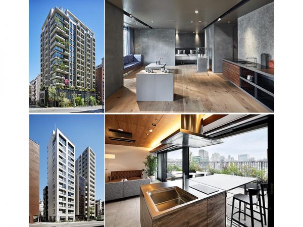 左上／「HAMACHO HOTEL&APARTMENTS」外観。豊かな緑が目をひく　右上／ホテル２階にある「TOKYO CRAFT ROOM」。国内外のデザイナーが日本各地のクラフトのつくり手とコラボしたさまざまなアイテムを設置し、訪れる人に使ってもらって発信する場所。宿泊も可能だ　左下／「WAVES日本橋浜町」。1階には江古田の人気ベーカリー「Boulangerie Django」がオープンした　右下／「WAVES日本橋浜町」14階のラウンジ。テラスと一体に使えるアイランドキッチンが設けられている<br />（写真はすべて撮影：ナカサ＆パートナーズ）