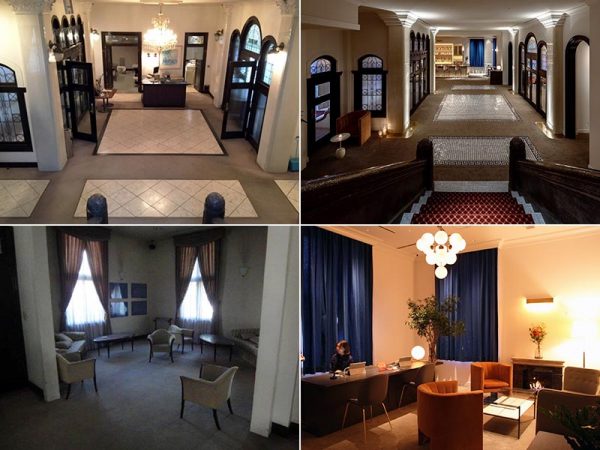 リノベーション前（左上）と後（右上）のロビー。待合室のようなスペース（左下）はフロント（右下）に再生された