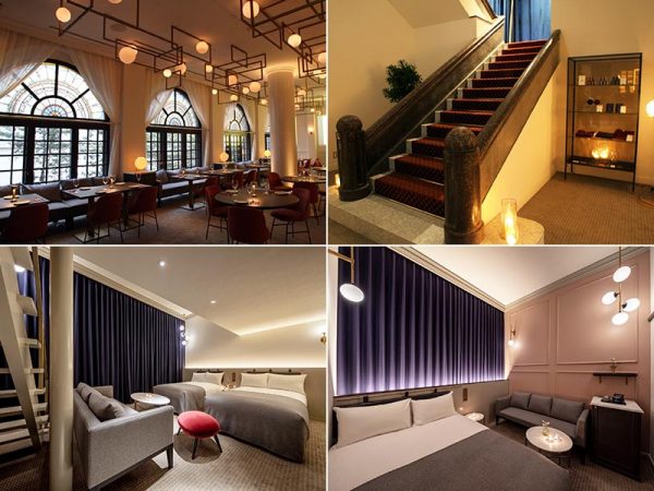 創業時のステンドグラスを残し、現代風にアレンジしたレストラン（左上）と手摺を残した階段（右上）。客室（下段）は全面リノベーションで大きく印象を変えた