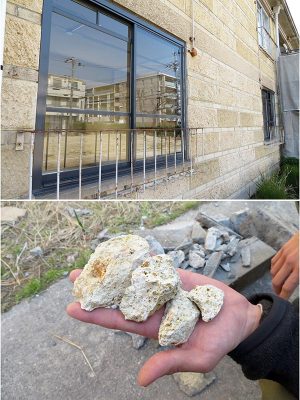 持ってみるととても軽い石だが、大谷石のような劣化は見られない