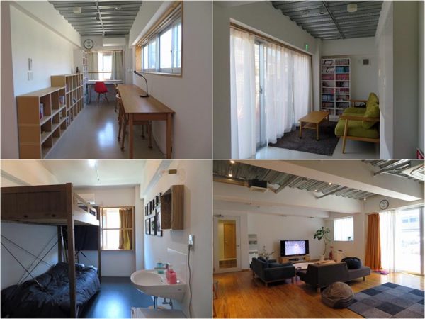 左上から時計周りに2階の共用スペース2カ所、3階、そして現在は簡易宿所として使っている室内。洗面所、鏡と収納は備え付けられている