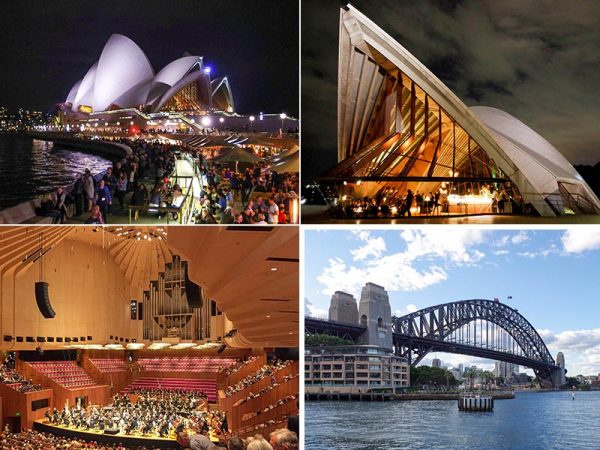左上・右上・左下／「シドニー・オペラ・ハウス」（1957-73）。最寄り駅からオペラハウスにたどり着くまでの行程も楽しい。シェルの中には巨大なホールがある。　右下／シドニーを象徴する建造物のひとつ、「シドニー･ハーバー･ブリッジ」（1932）