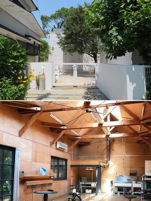上／緑の豊かな小道を上がると見えてくる「ATELIER minette」の門と外観。門は塗り直しただけ、突き当たりは元アトリエ棟。下／リノベーション前のアトリエの様子。吹き抜けの天井が高く、天窓から光が差し込むのびやかな空間。梁の陰影が印象深い