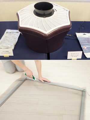 上：株式会社ダスキンの屋外設置用の蚊捕虫器。においで蚊をおびき寄せる。4週間ごとにメンテナンスをする定期管理サービス品<BR>
下：網戸の貼り替えの様子。簡単なのでぜひDIYでチャレンジを。費用も安くできる
