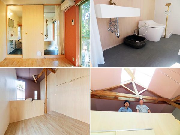 左上／パウダールームから猫のトイレの臭いが漏れないように常に閉めておくという前提。引き戸の両脇をガラス戸にしているため、パウダールームからの光がリビングに入る。入浴中は内側からカーテンを閉める。中央の引き戸の下部には猫用ドア。右上／パウダールームの洗面台の下を猫のトイレ置き場としている。この住戸は猫3匹まで同居OK。左下／ロフトの様子。この部屋の場合は元の柱と梁の双方を現し、アクセントにしている。写真正面の縦長の窓は、新たに設けたもの。右下／右が猫専用賃貸住宅コンサルタントの木津イチロウ氏、左が建築家の御手洗龍氏