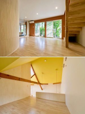 上／玄関を入って左側に折れるL字型の住戸。角がRになっていて、確かに直角に曲がっているよりも広がりを感じるようだ。写真左側の壁は猫の爪で引っかきにくい、シナ合板にクリア塗装。下／壁の一部は、部屋ごとに異なるアクセントカラーで塗装。黄色のほかオレンジ、紫、ピンクなどがある