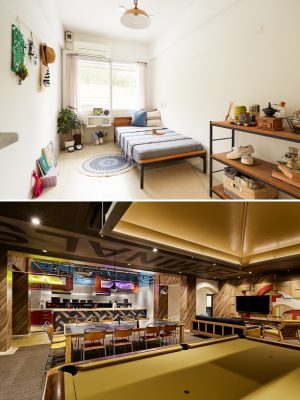 「TERMINALS高槻」の部屋イメージ(上)とラウンジ(下)　＜写真提供：グローバルエージェンツ＞