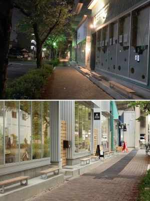 上／閑静な住宅街に、新たな明かりをともす「SAKUMACHI商店街」。下／店舗前にはベンチを設置。店舗利用者だけでなく、憩いの空間として、ここを訪れた人がひと休みできるようにと設けた