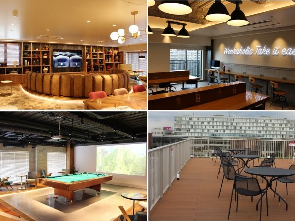 左上／大型テレビと特注のソファを配したラウンジ。落ち着いた色合いで整えられ、ゆったり過ごせる。左下／ビリヤード台とシアター用プロジェクターを完備したプレイラウンジ。右上／ワークスペース。右下／屋上スペース。