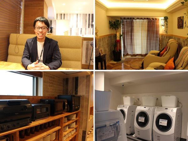 左上／グローバルエージェンツ　関西オフィス・営業部の内山拓哉さん。左下／最新の商品も並ぶラウンジの家電。右上／マッサージルーム。右下／24時間洗濯と乾燥を行うことができるランドリールームは男女別になっている