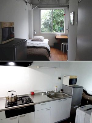 上：快適な寝室からは緑の豊かな庭が見える／下：キッチンには冷蔵庫や電子レンジ、さらに食器まで充実