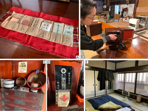 （A）座敷の床の間に宿泊客も手に取れるように置かれた、この家の男子の歴史（B）お花見用のお重だろうか？ 広げていくのがカラクリ手箱を扱っているようでワクワクする（C）長蔵で飾られるものは、びっくりするほどの年代物が多い（D）日めくりカレンダーですら昭和10年のもの（E）個室にディスプレイされた「どてら」も現役として活用できる