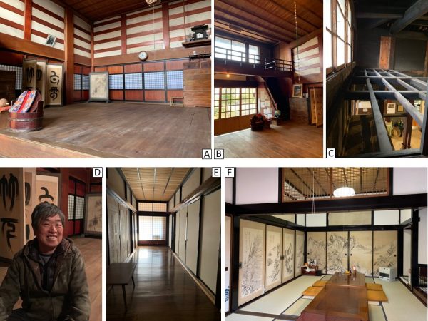 （A）佐渡の古民家の特長的な御前、梁や大黒柱の太さが見事（B）御前の箪笥階段からは2階に登れる（C）隣の囲炉裏の間の２階に続いていて、これが使用人の部屋だった（D）ご近所の稲場さん。子どもの頃、この家に遊びにきていて、かつての暮らしをよく知る人物（E）「槍の廊下」、普通の廊下にしては広い理由に驚く。（F）『獄門島』のロケが行われた座敷、襖の絵が見事だ