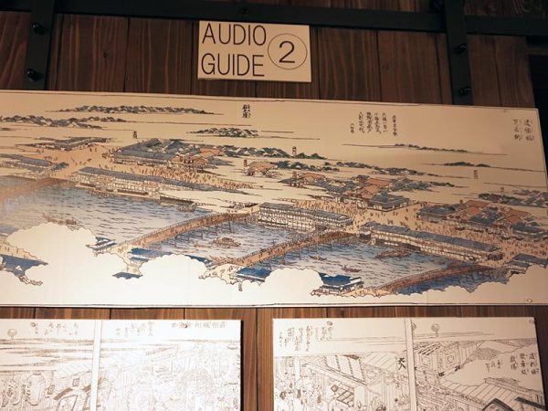 摂津名所図会に描かれた道頓堀。太鼓櫓のあるのが芝居小屋