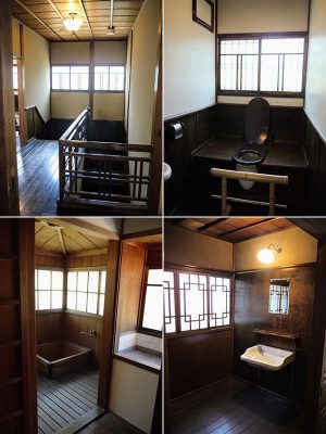 左上／大正時代に増築された階段。折り返しで勾配も比較的緩やかになっている。移築後は主にこの階段を使っていたらしい　右上／2階トイレ。和式の便器を洋式に使えるように工夫している。壁の上に見える木枠のところにはタンクがあったと思われ、水洗だったことが分かる　左下／ヒノキの浴室。屋外の焚き口から浴槽内の釜を熱してお湯を沸かしていたらしい。釜の上に板を被せて腰掛けられるようになっている　右下／1階洗面室の窓は中国風のデザイン。和洋中の意匠が入り交じっている
