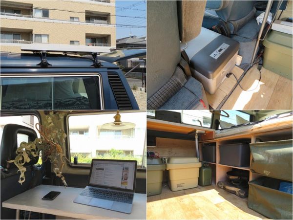 左上から時計回りに車上に搭載した太陽光パネル、運転席と助手席の間には冷蔵庫、水はタンク利用で、調理はカセットコンロ利用。パソコン、夜間照明も太陽光パネルからの電力で賄う
