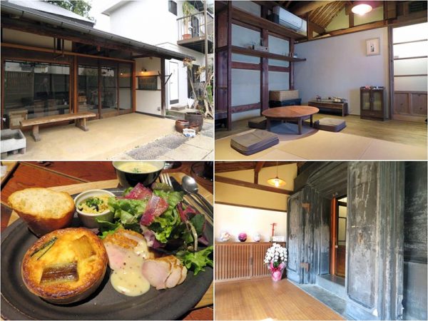 左上から時計周りに日替わりスペース入口。右手はプレハブ住宅をそのまま使った植物の店、右上は蔵を使ったカフェ2階の客席、カフェから水回りへ続く出入り口。蔵を利用していることがよく分かる。最後はランチのキッシュセット。美味だった！