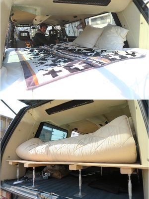 後部座席を倒して寝室スペースにしているが、仕掛けを見ればこの通り。実に簡単