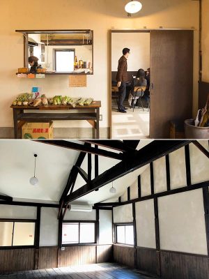 上／貸台所を用いたランチ風景。この日は月1回・予約制の「お野菜ごはん　わっか」が開店。併せて野菜市を開いている。ほか、現在のところ、パンとスープとやさいのおかず「しずかごはん」とスパイスカレー「マメカフェタ」が月に1度ずつ営業する。（写真提供：お野菜ごはん　わっか）下／2階「講堂」。木造トラスの小屋組が圧巻だ。すすけていた漆喰壁は、あまりきれいになり過ぎないように、あえて下地材のプラスターだけで仕上げた。でこぼことした床に、経てきた時間の長さを感じる