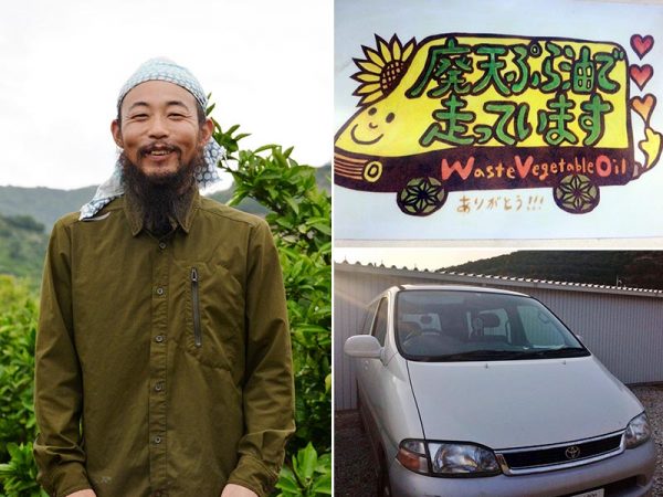 この日は、近くにある実家の畑を手伝いにきていた松本さん（左）と廃油で走る天ぷらカー（右　提供：松本さん）