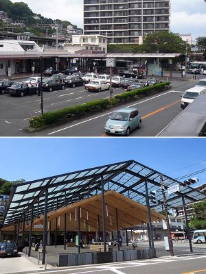 昔ながらの雑然としていた駅前（写真上）が、リニューアル後（写真下）は、明るく広々。駅の改札を出ると、雨の日でも濡れずにタクシーやバスにもアプローチでき、人も集いやすいモダンな駅前広場になっている