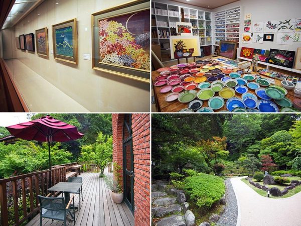 見どころは日本画の色鮮やかさを目の当たりにできる平松礼二アトリエと庭園の眺めが見事な見事なカフェ