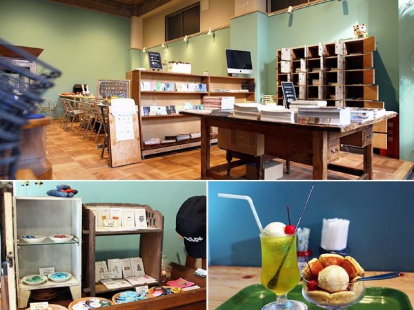 上／1階は、手前がフリーペーパー専門店「ONLY FREE PAPER NAGOYA」。奥が「喫茶River」。（写真提供：ホリエビル）左下／「ONLY FREE PAPER NAGOYA」では、フリーペーパーは無料だが、フリーペーパーを持ち帰るための寄付性のショッパー（￥200～）のほか、ワッペン(￥500＋税～)、缶バッチ(￥150＋税～)などのオリジナルグッズの収益を運営資金に充てている。右下／「喫茶River」の看板メニュー、ホットケーキ(写真はちょっと小腹を満たしたいとき用の1枚だけのメニュー)とクリームソーダ。ホットケーキは、銅板で焼く本格派