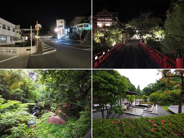 街燈、歩道の整備、電線の地中化などの整備が進む県道沿いを散歩すると、リニューアルオープンした富士屋旅館に。川にかかる赤い橋と荘厳な日本家屋の夜景が美しい新名所だ。自然豊かな万葉公園でも、自然と湯を満喫する新しいプロジェクトが進行中