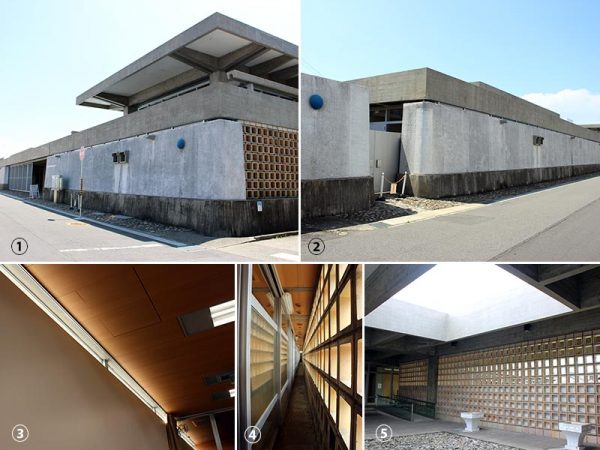 ①北東部から見た外観。北面の壁のみ、格子状にテラコッタが導入されているのは、この向かい側が3代目社長のご子息の自宅で、他の工場のように音が出ていなかったからだとか②南東部から見た外観。外壁上部に飛び出しているように見える細長いものは、雨どい(ガーゴイル)。ル・コルビュジエが用いて世界で流行したとされ、丹下がコルビュジエの影響を受けていたことが現れているという③室内の明かり取りのために高い位置に配された窓④北側のテラコッタの外壁と事務棟の間はこんなユニークな造り⑤玄関車寄せの壁にもテラコッタが使われている。上部は開けており、明るい。テラコッタ壁の奥が中庭となる