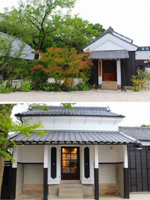 上／旧代官屋敷の隣にある築143年の土蔵も併せて改修し、2019年７月下旬から「郷土史資料展示室」としてオープン。この蔵には江戸時代に書かれた黒船来航記や世界地図といった古文書が展示されており、貴重な資料に出合える
下／蔵の奥は、イタリアンレストランのお菓子工房として活用