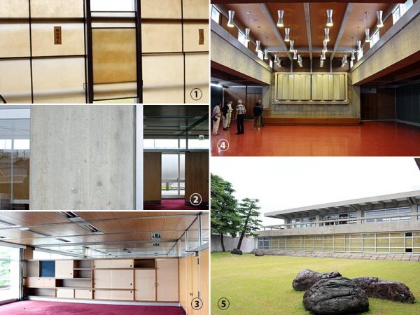 ①事務棟1階にある雪見障子風の窓。中庭からの光りを調整できる。“開閉禁止”となっているのは、多数の来館者が触ったことで、上下を調節するワイヤーに不具合が出てしまったため②杉の化粧型枠での打ち放しコンクリートの柱。木目が出ているのが分かる③会長室の丹下デザインによる作りつけ家具。オーディオ機器やテレビなどがおさめられていた④会社の入社式も行われていた集会所(ホール)。電動で上下する照明など、当時の最先端の設備も備えられたという⑤ガーデンパーティも開かれたという中庭