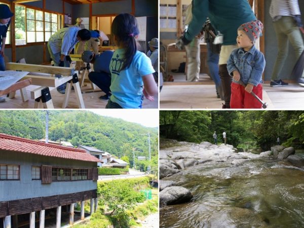 上／棟梁が伝統的な大工道具の使い方をレクチャー。女性でもスッと木材が切れて感激。子どもたちも道具を手にしてご満悦。</br> 下／足助川の清流沿いに立つ『結の家工房』は建物補強からスタート。建物下に木のテラスをつくり、目の前の清流で遊べるよう計画中