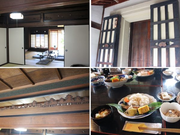 写真左上／主屋の内部。ここでティータイムを楽しめる。写真左下／欄間の細工も見事。写真右上／店舗兼主屋の北側には土蔵が３つ並んでいる。この土蔵も登録有形文化財。写真の西蔵が最も古い幕末期のものとされる。写真右下／見学会の最後にいただいた食事。 “茶店湊屋”では、毎週水・土・日曜のみのランチで、季節の食材を使った料理がそろう「湊屋御飯」(要予約)が人気となっている。この日は、鮎の甘露煮で夏の訪れを感じた