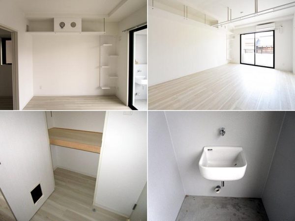 【写真左上】キャットウォークの途中の丸穴から猫が顔を出せるようになっている「のぞき穴」【右上】リビングを横断するように付けられた透明なキャットウォークでは猫の肉球を下から見ることができて愛猫家から好評だそう【左下】猫が自由に出入りできるよう猫ドアが付けられたトイレスペース【右下】猫の汚れものを洗ったりできるようベランダにはシンクが設置されている