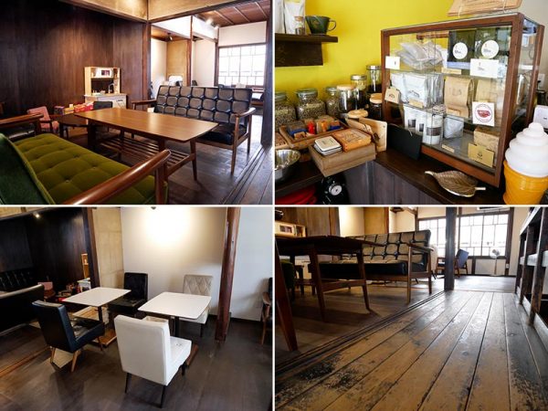 【写真左上】愛知の家具メーカー「カリモク」のソファでくつろげる2階席。奥に置かれたキッズスペースの椅子も「カリモク」<br>【写真右上】東海エリアの人気コーヒー店の豆を販売。ここからお客との会話が広がることも<br>【写真左下】2階のテーブル席。「別々で来店したお客さんが、隣同士で仲良く話をしている光景はよく見かけます」。お客同士のコミュニケーションも自然と生まれるのだそう<br>【写真右下】飴色に光る廊下、レトロな窓が印象的。「年配の方には懐かしく、若い人にはお洒落なイメージ。外国人にも新鮮に映るし、多様性を受け入れる環境として古民家の雰囲気を大事にしたかった」と市野さん