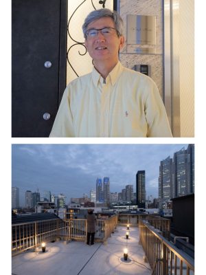 上：畑昭さん。普段は自宅とホテルのフロントを行き来している／下：ホテル屋上からは目の前に高層ビル群が見えるロケーション。家族や友人と屋上からの眺めを楽しめるよう、整備中だ