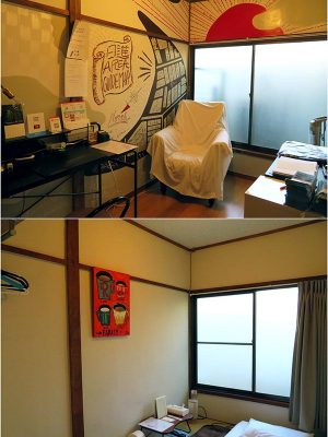 上は事務室。下は壁画がなく、絵が飾られた客室の例