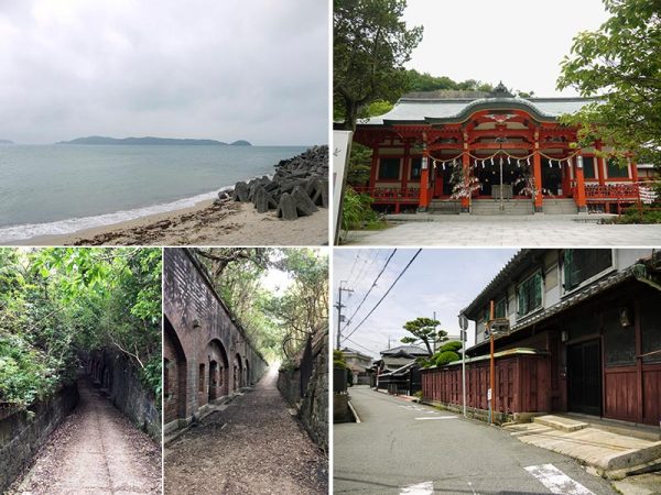 加太のまちの風景から　左3点／加太の沖合に浮かぶ無人島、友ヶ島。島内には明治時代に築かれた要塞跡があり、その独特の雰囲気から人気を集めている。（下2点の写真：川添研究室）　右上／淡嶋神社。ひな流しや針供養で知られる　右下／国の登録有形文化財、宮崎家住宅（1918）　