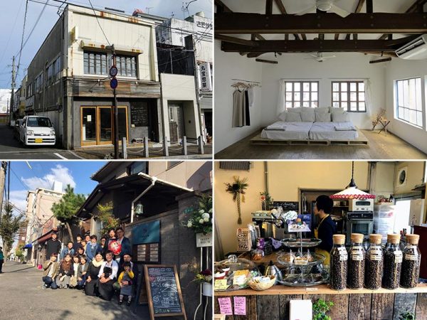 九州工業大学徳田研究室で取り組んだプロジェクト。上2点が一日一組限定の宿「jasmine」、下2点が集合店舗「cobaco tobata」（左下写真提供：cobaco tobata）