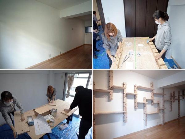 「桑田ビル」402号室。左上が改修前、右下が改修後。DIYで棚を取り付けて個性を加えた（写真提供：九州産業大学信濃研究室）