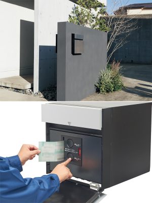 門塀に埋め込んだり、ポールに取り付けることもできる、奥行きを抑えたデザイン。上部が郵便物、下段に宅配と一台二役の宅配ポスト。[戸建住宅用宅配ボックス コンボ-F]　パナソニック


